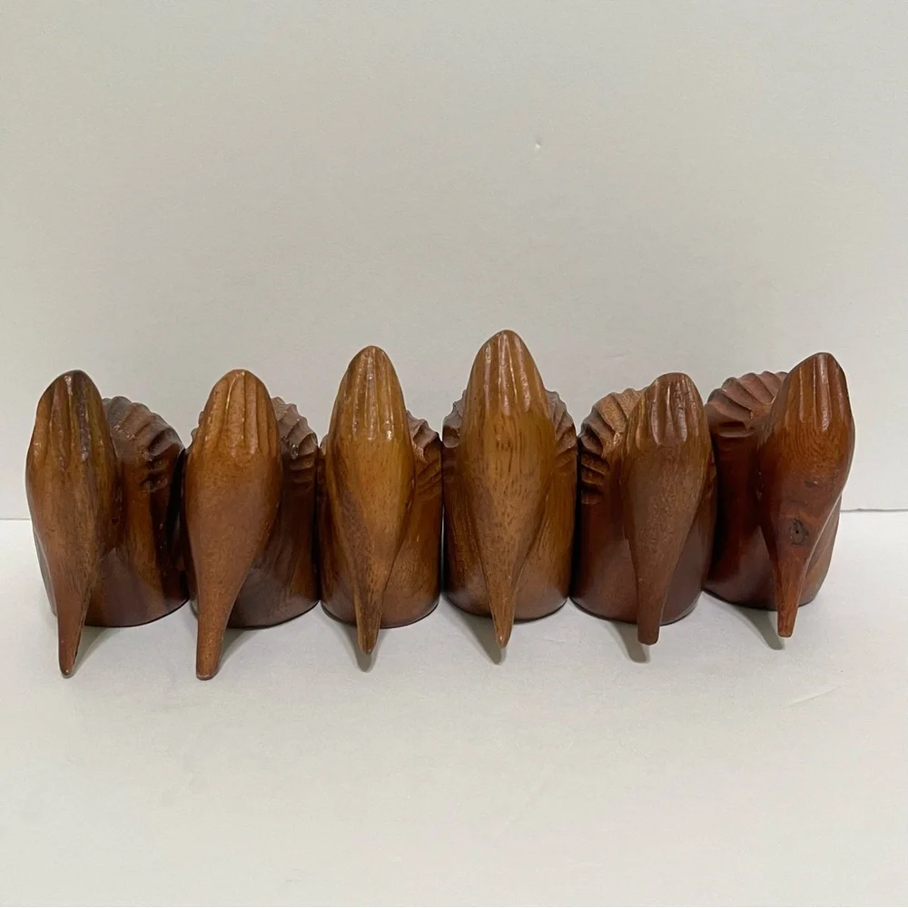 Woodpecker Bird Napkin Rings Hand Carved Wood Rustic Farmhouse Cabin Set of 6